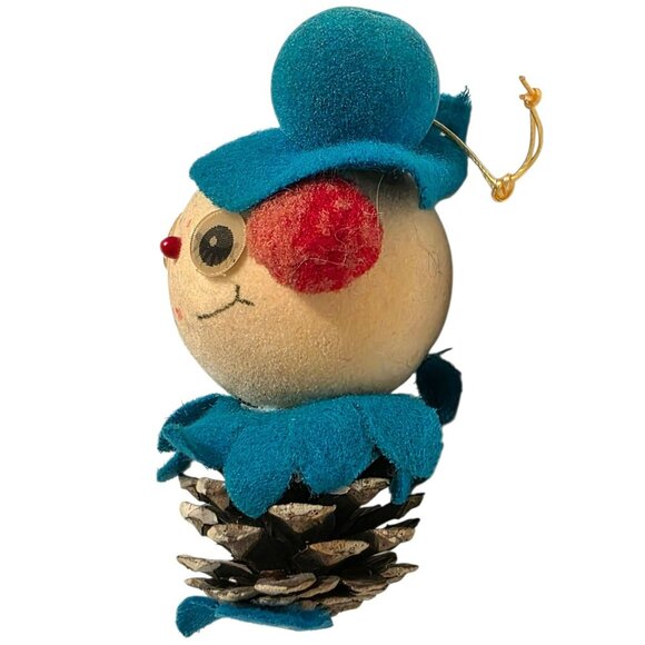 VTG Pinecone Snowman Ornament Winking Eyes Blue Hat Japan Christmas Clown MCM - Picture 4 of 9